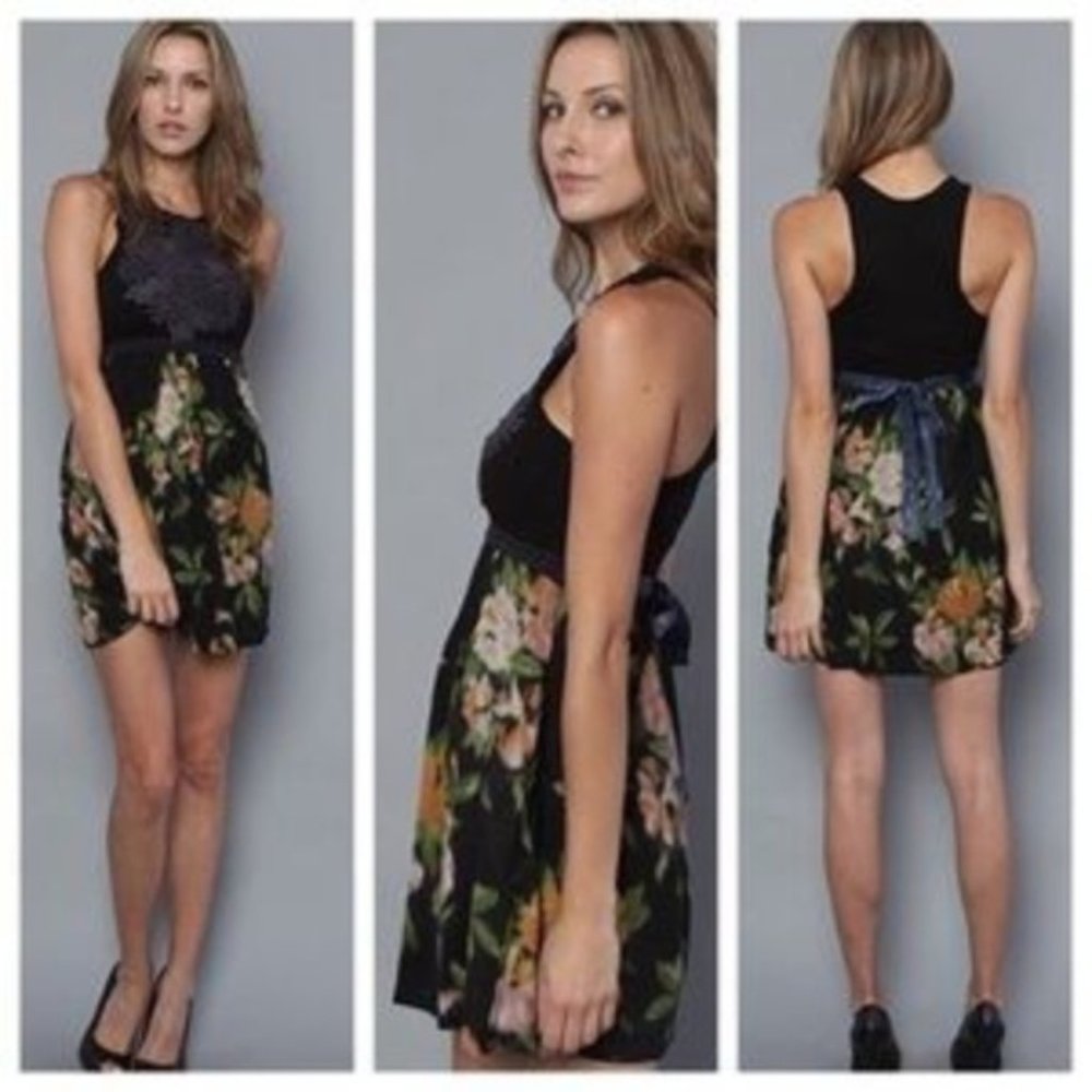 Free People Wool Dreamy Floral Patchwork Dress w/ Lace Applique Beaded Bodice